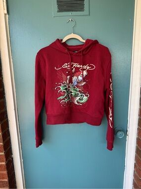 Ed Hardy Koi Fish Cropped Hoodie Medium Red Y2K Tattoo Graphic Sweatshirt